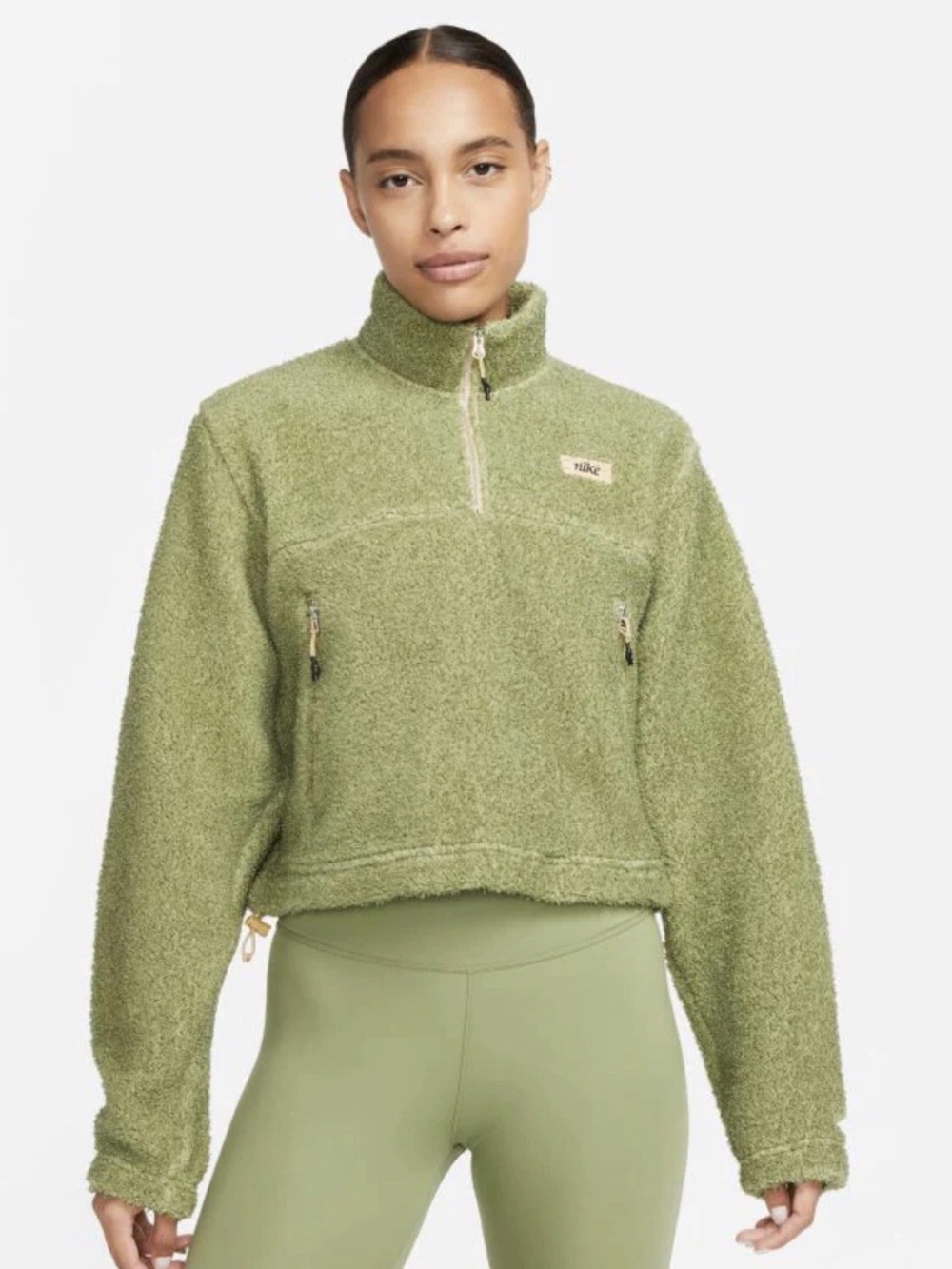 Nike Olive Green Sherpa Quarter Zip Pullover sweatshirt cropped large